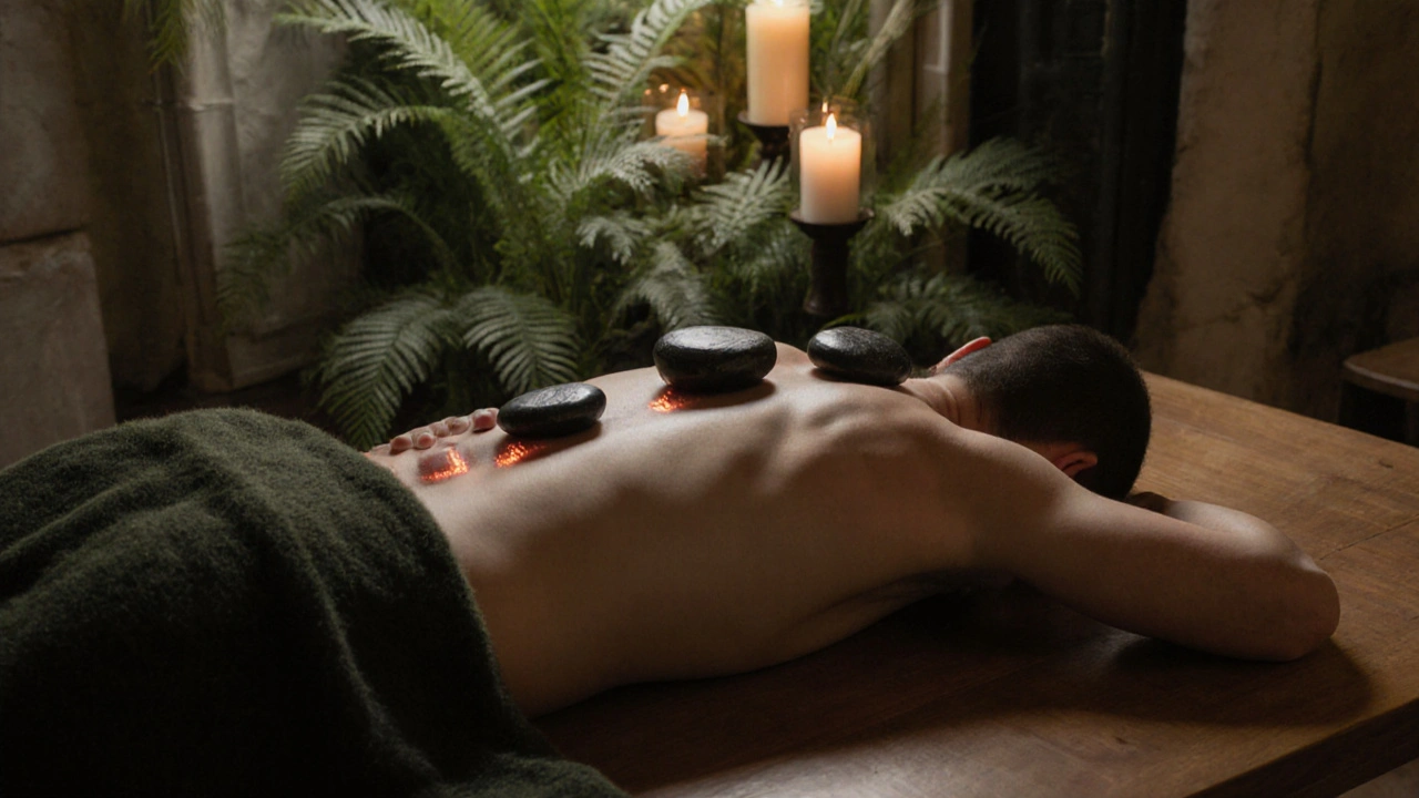 Des pierres chaudes reposent doucement sur le dos d&#039;une personne détendue dans une maison calme du 16e.