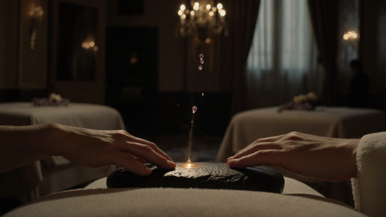 Deux mains posées sur des tables de massage séparées, pierres chaudes et huiles parfumées dans une ambiance apaisante.