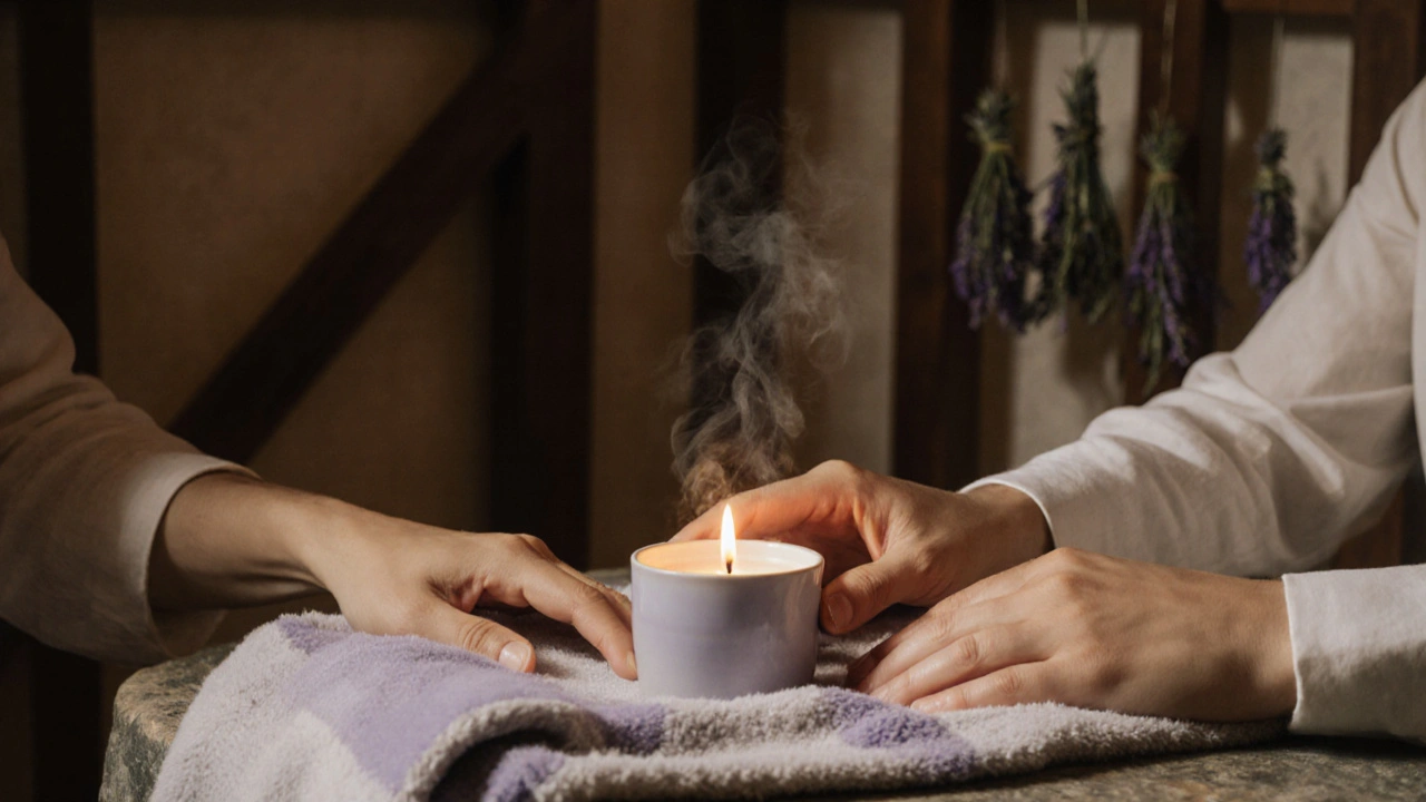 Deux mains se touchant doucement sur une couverture, une bougie et une tisane entre elles, ambiance apaisante.
