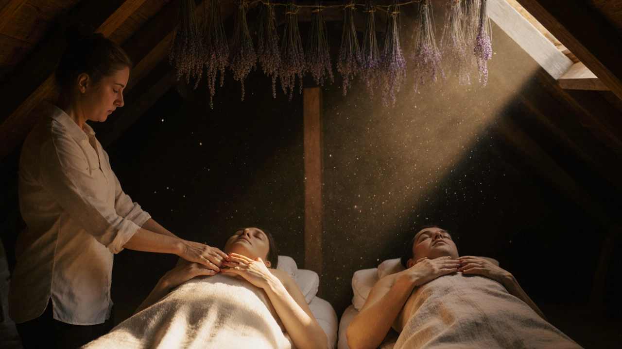 Deux personnes allongées côte à côte en silence, massées simultanément dans une pièce chaleureuse de l&#039;18e arrondissement.