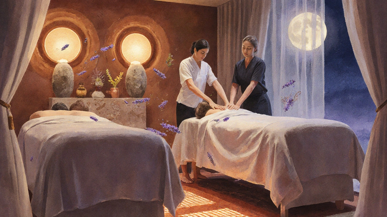 Deux tables de massage dans une pièce calme, des huiles essentielles flottant dans l&#039;air, lumière tamisée.