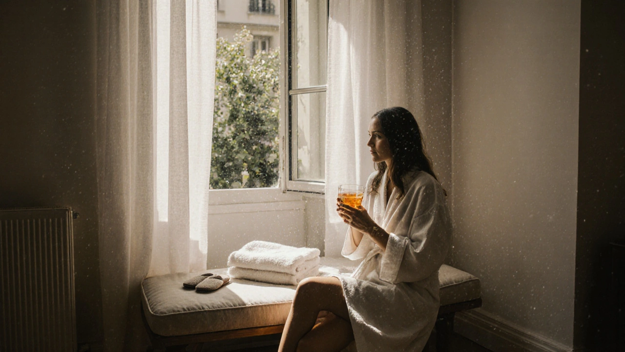 Femme après un massage, sirotant une tisane dans un intérieur parisien lumineux et minimaliste.