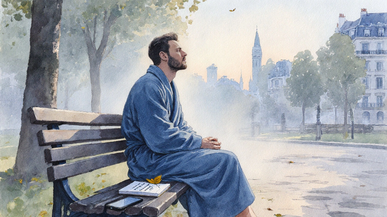 Homme assis au parc au lever du jour, en paix, téléphone oublié, carnet ouvert.