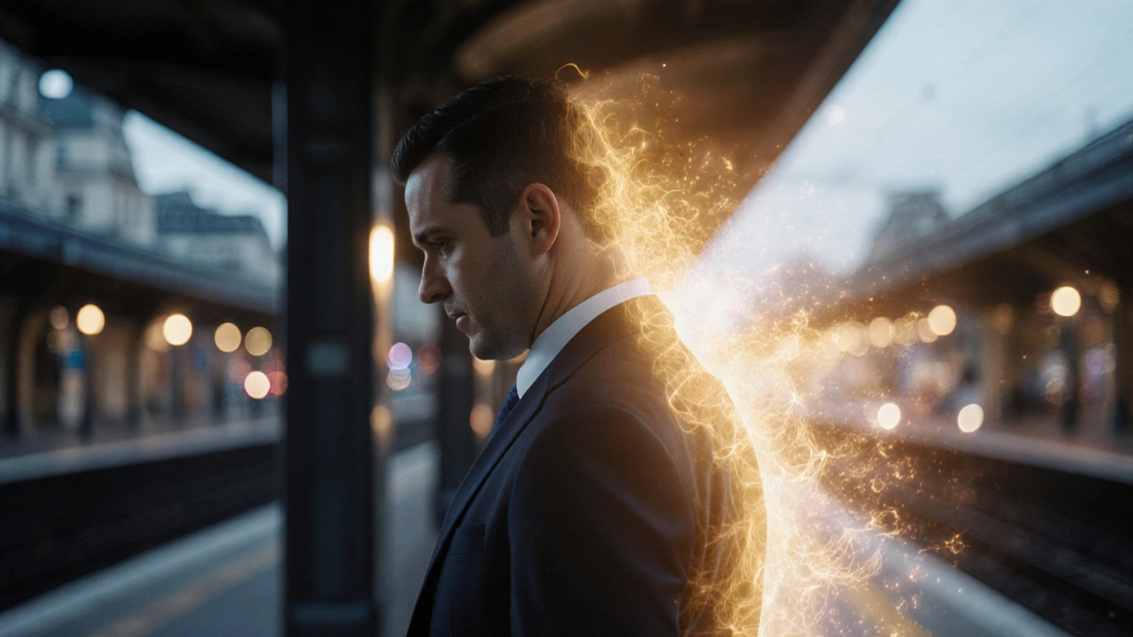 Homme sur un quai de métro à Paris, une lumière dorée apaise ses épaules tendues, symbole de renaissance physique.