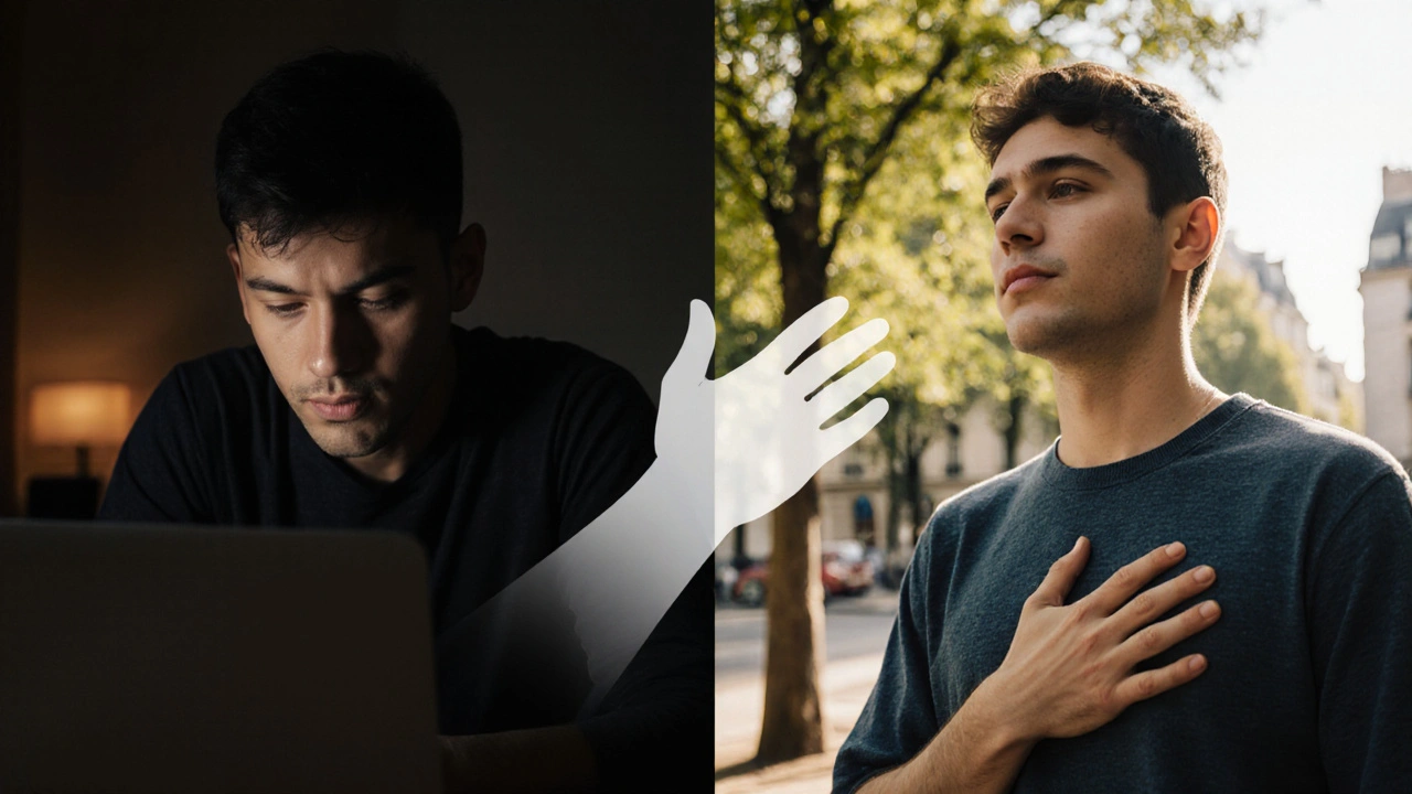 Image conceptuelle contrastant stress et apaisement : personne courbée devant un ordinateur vs. même personne apaisée dans un parc parisien.