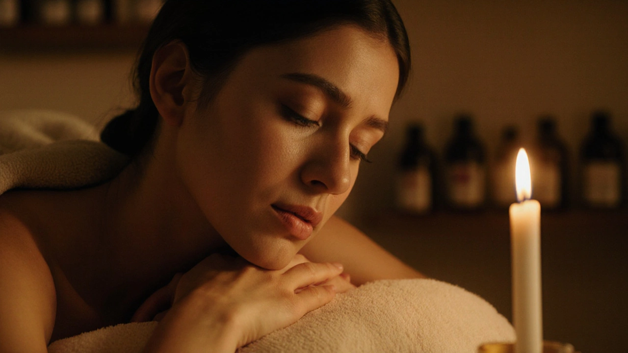 Larmes sur le visage d&#039;une personne en détente profonde lors d&#039;un massage, main sur la poitrine.