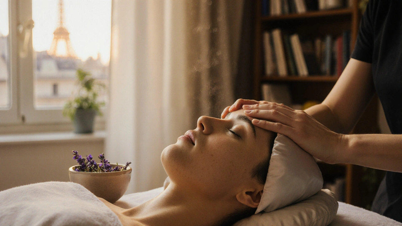 Mains de masseur travaillant doucement sur les tempes et le cuir chevelu lors d'un massage crânien, dans une chambre apaisante.