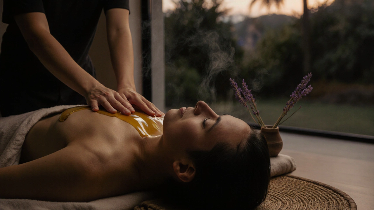 Mains de thérapeute effectuant un massage Lomi Lomi sur le dos d&#039;une personne détendue, dans une ambiance naturelle et apaisante.