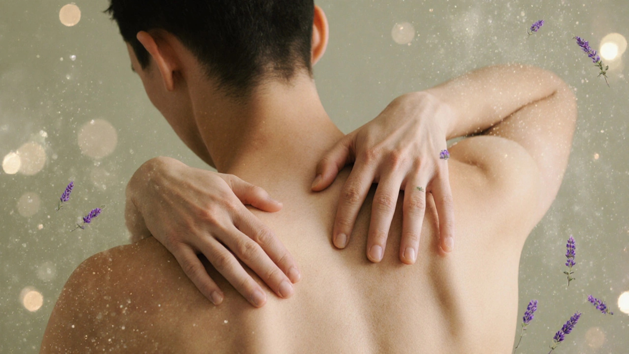 Mains douces sur le dos, symbolisant la détente et le lâcher-prise.