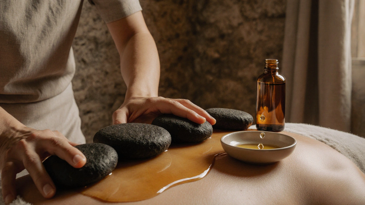 Mains posant des pierres chaudes sur le dos d&#039;une personne, huile brillante, ambiance intime et sensorielle.