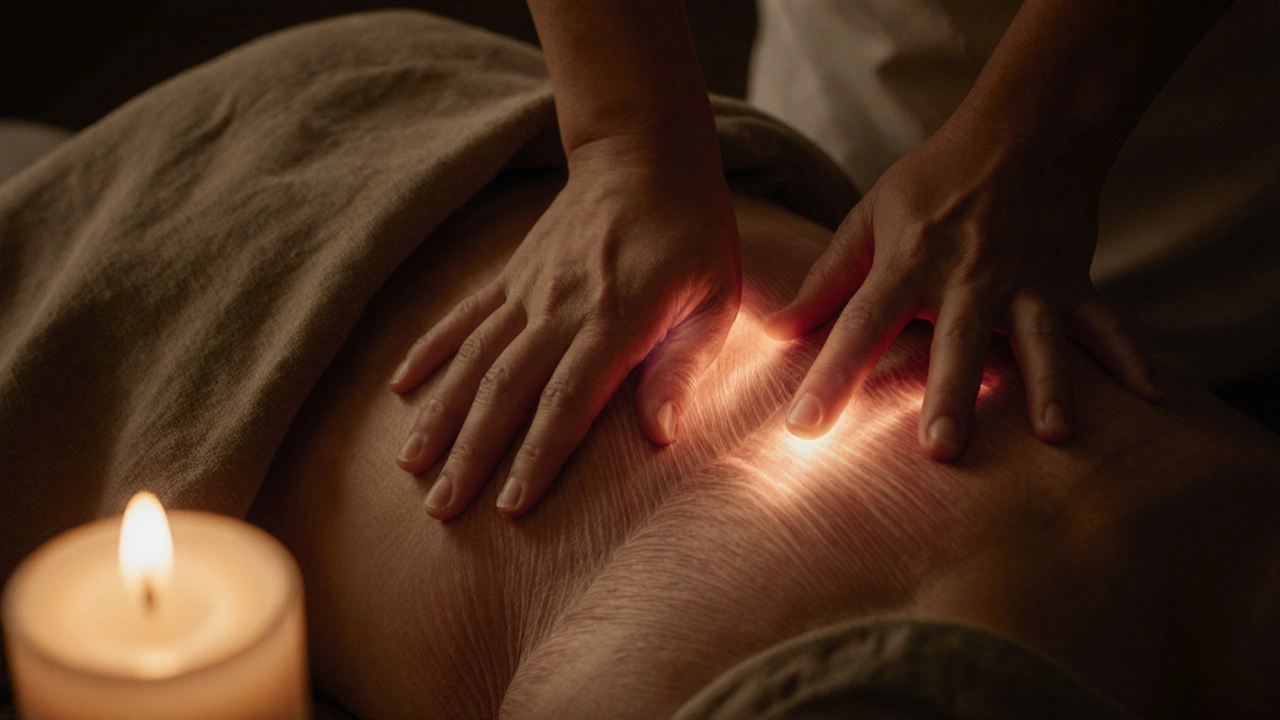 Mains professionnelles appliquent un massage profond ciblé sur le bas du dos avec précision.