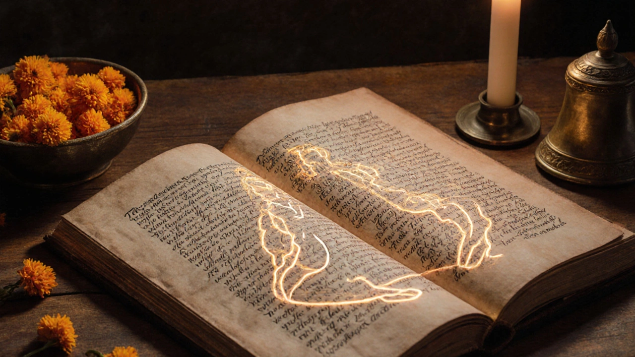 Manuscrit ancien du Vijnana Bhairava Tantra avec des lignes énergétiques reliant les chakras, illuminé par une bougie.