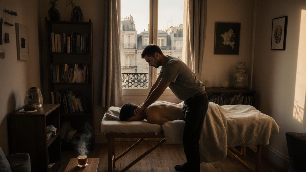 Massage à domicile à Paris, dans un appartement lumineux avec une tasse de thé et une couverture douce.