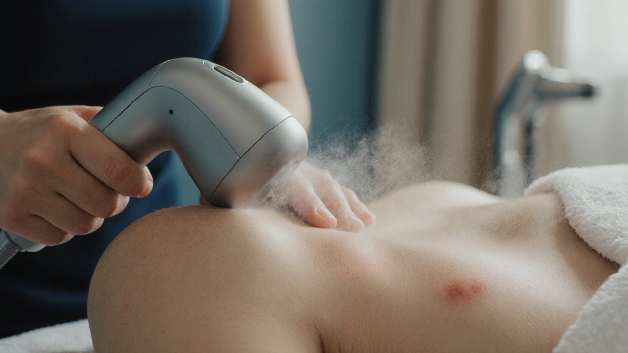 Massage cryo-énergétique sur l&#039;épaule et le cou, avec une brume fraîche et une pression douce.