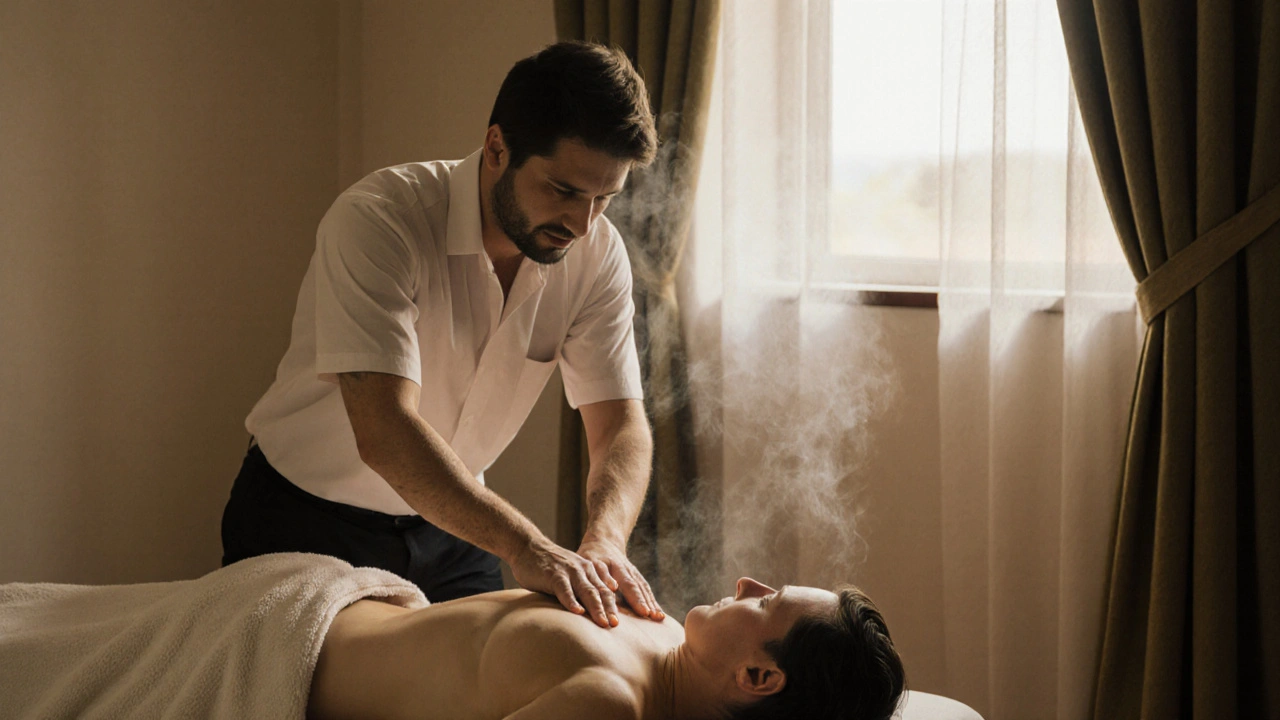 Masseur en train de pratiquer un massage suédois sur une cliente détendue, sous une serviette chaude.