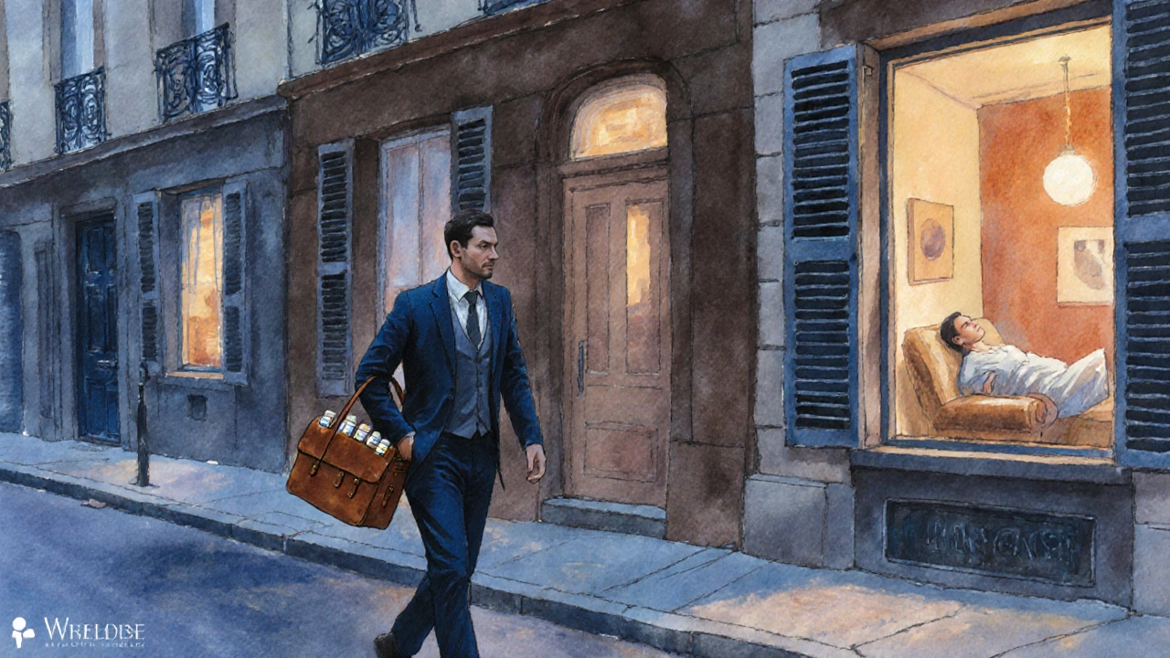 Masseur marchant dans une rue calme de Paris le soir, sac à main contenant du matériel de massage, maisons typiques en arrière-plan.