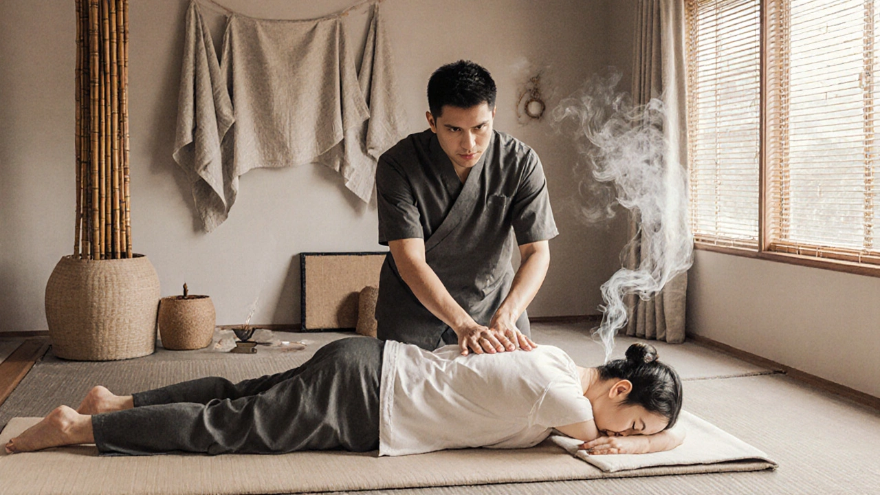 Masseur pratiquant un massage thaï sur un client allongé, vêtu, dans une pièce aux tons terreux.