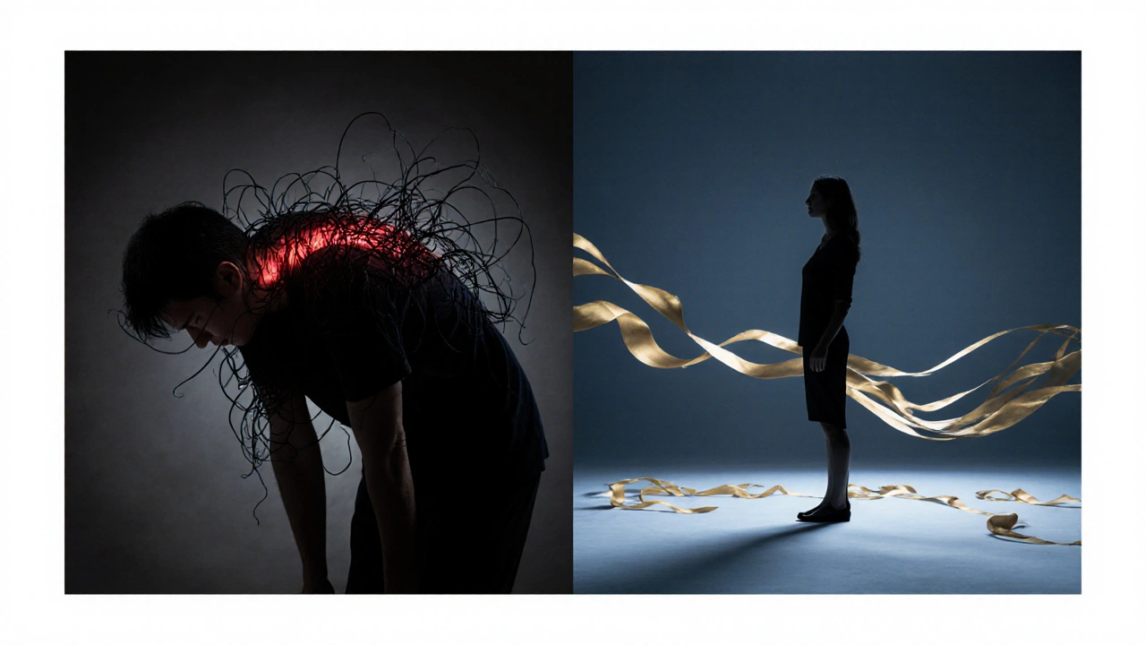 Métaphore visuelle de la libération de la douleur chronique en une posture redressée et lumineuse.