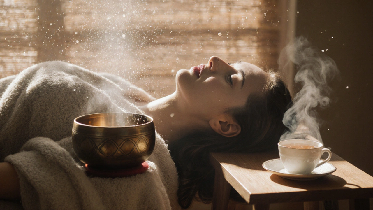 Personne allongée, les yeux fermés, entourée de lumière douce et de vagues sonores invisibles, dans un espace calme et sensoriel.