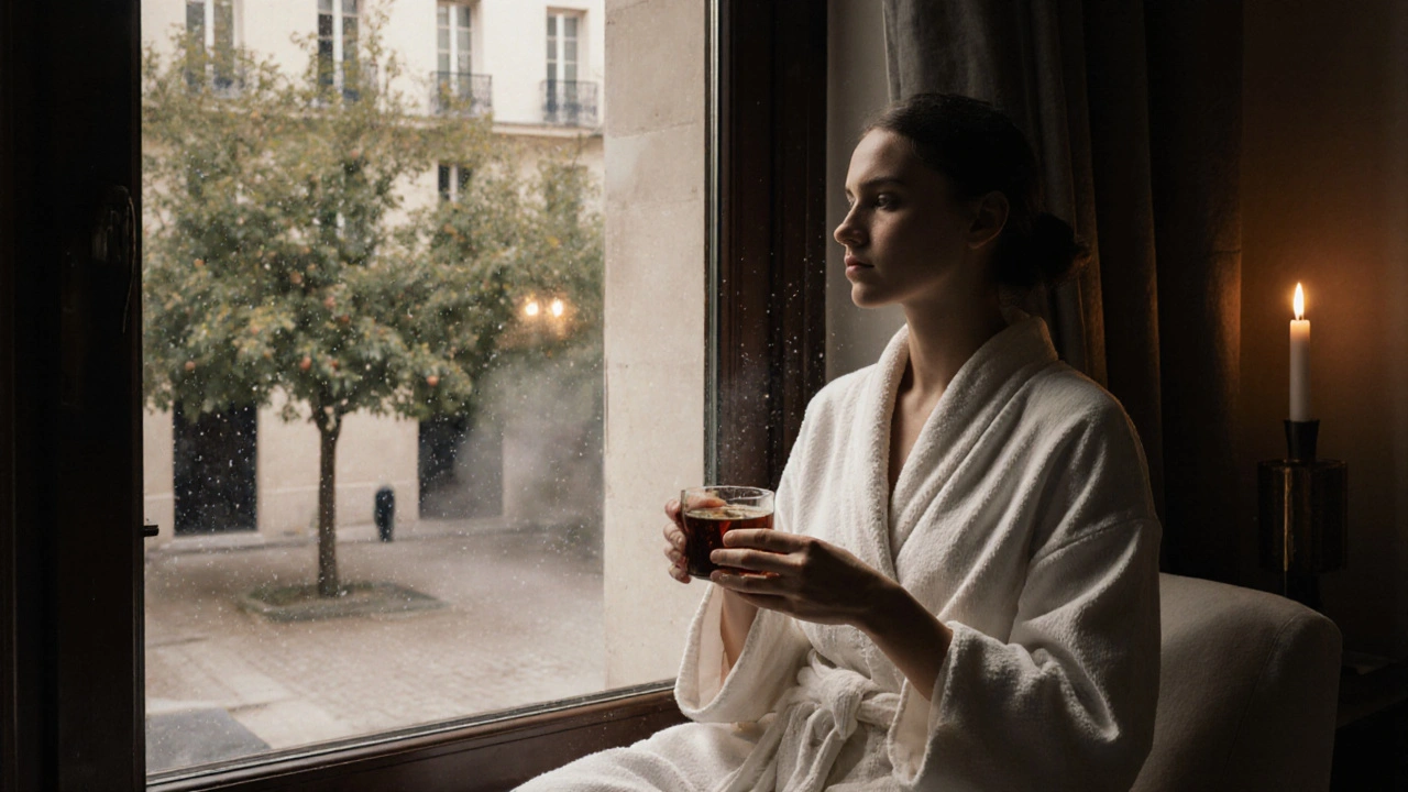 Personne détendue après un massage, vêtue d&#039;une robe, sirotant une tisane près d&#039;une fenêtre calme.