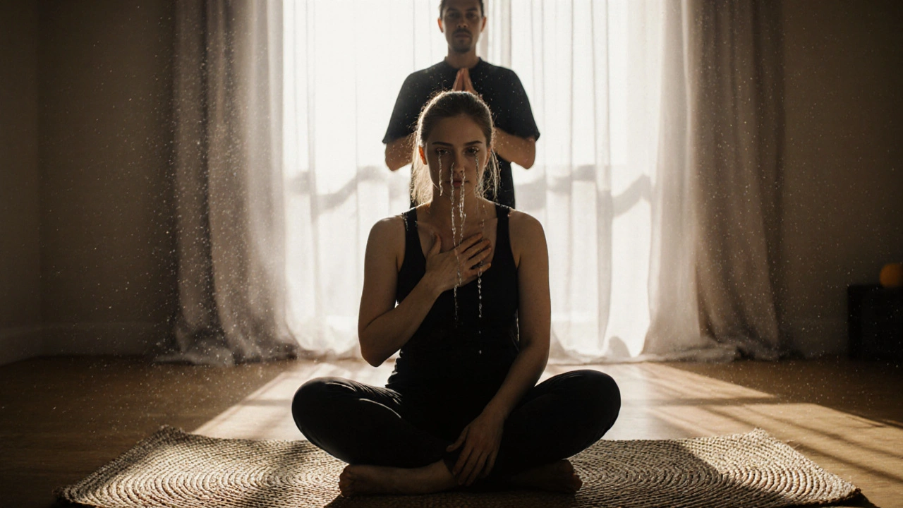 Personne en méditation, les larmes aux yeux, la main sur le cœur, dans une pièce calme baignée de lumière naturelle.