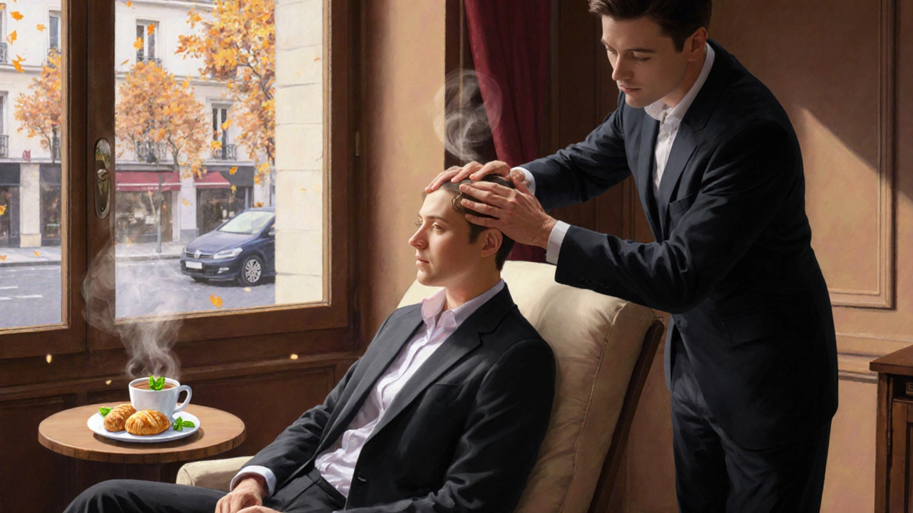 Personne recevant un massage crânien en fauteuil, avec un gâteau et une tasse de thé à la menthe.