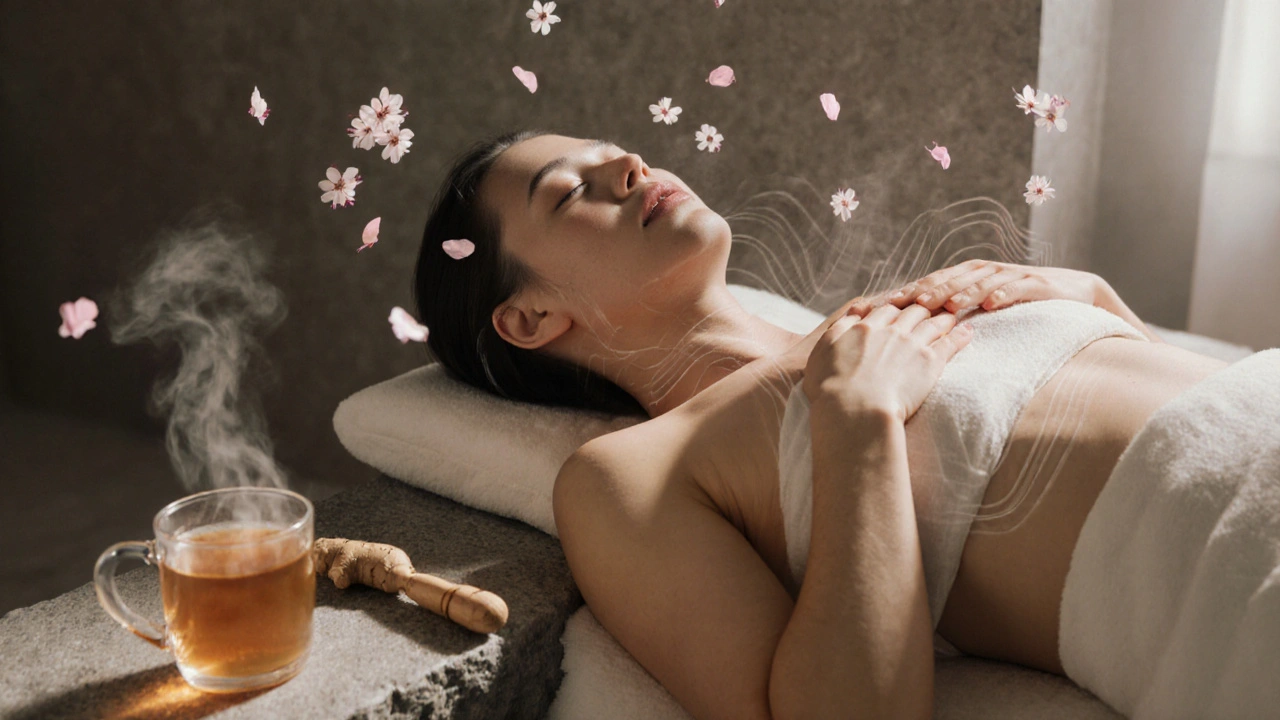 Personne reposant après un massage, tasse de thé fumante à côté, ondes d&#039;énergie subtiles, pétale de cerisier en l&#039;air.