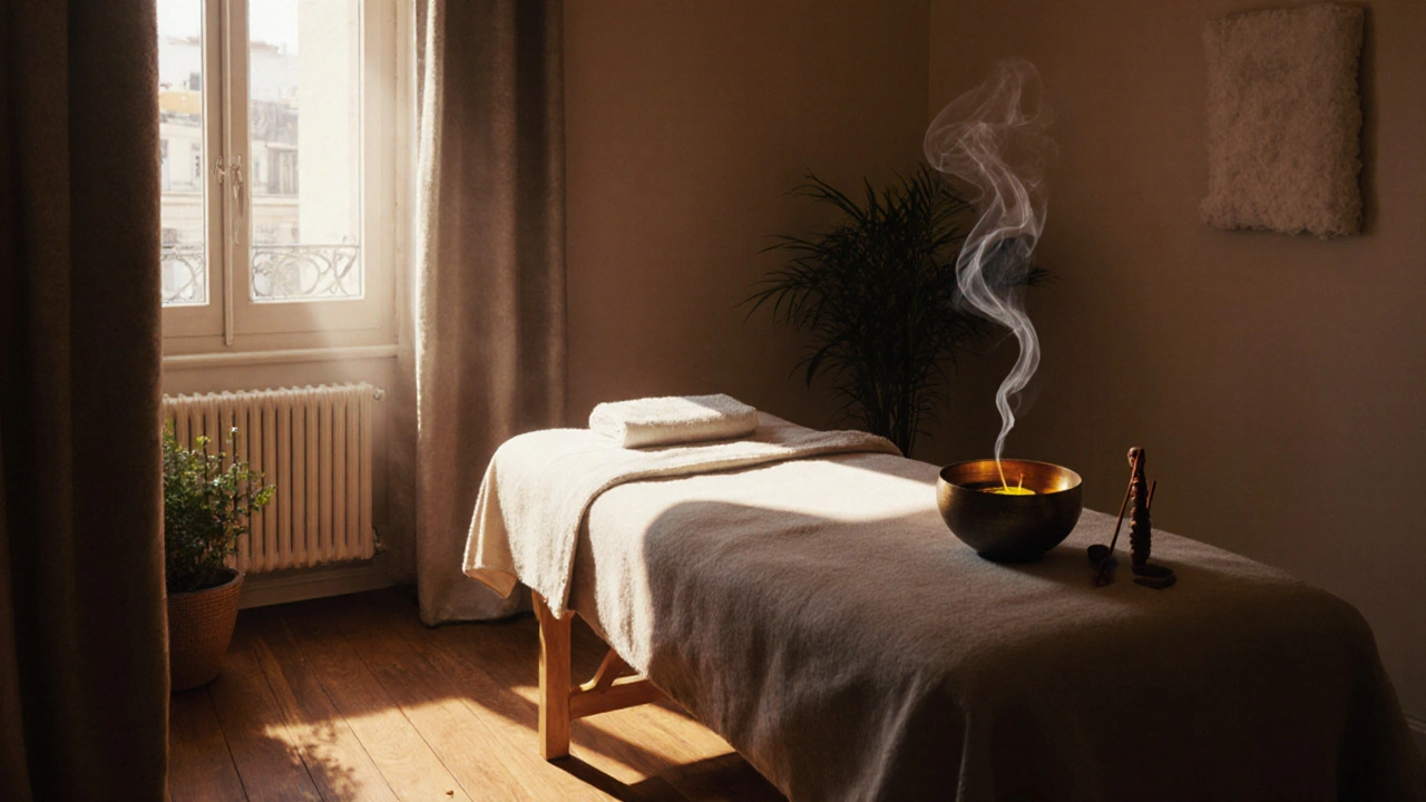 Pièce de massage intime avec rideaux en lin, bol tibétain et huile chaude.