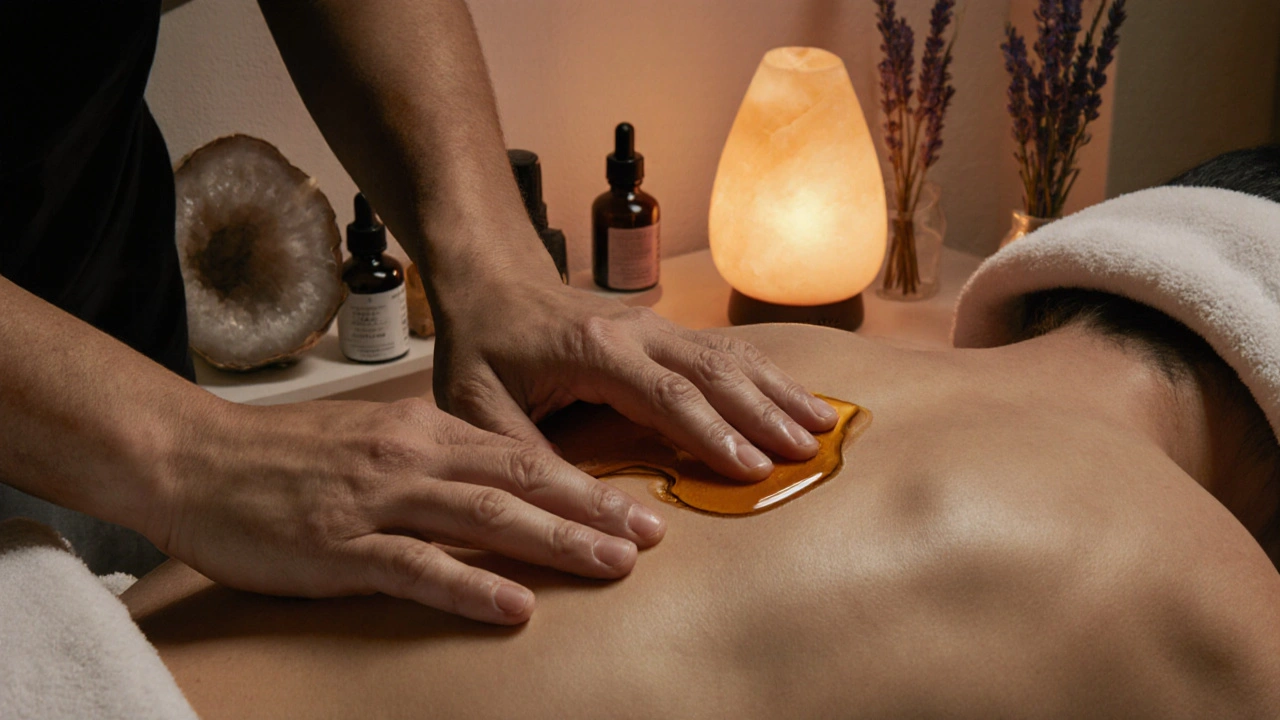 Plan rapproché des mains effectuant un massage doux sur le cou et le dos, huile chaude, ambiance apaisante.