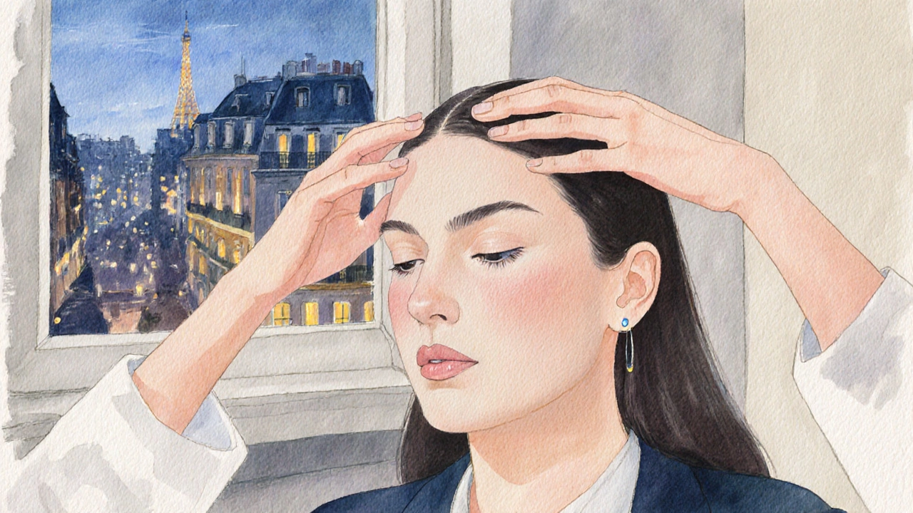 Praticien masse les tempes et le front d&#039;une cliente en pleine séance de massage crânien, dans une ambiance calme et chaleureuse.