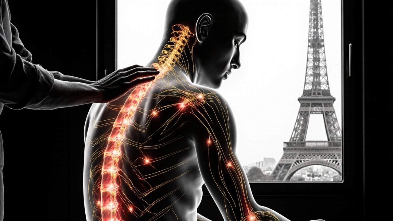 Représentation artistique des méridiens énergétiques en encre chinoise sur un corps humain à Paris.