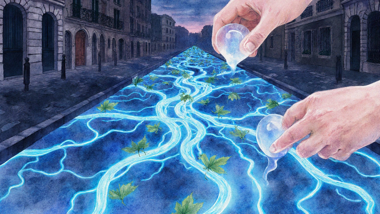 Représentation artistique du système lymphatique comme un réseau fluide et lumineux sous Paris.