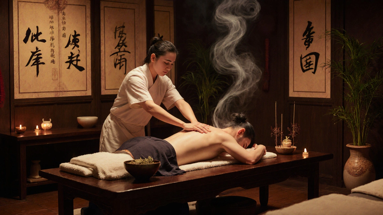 Salon asiatique authentique avec calligraphies, huiles artisanales et pression profonde.