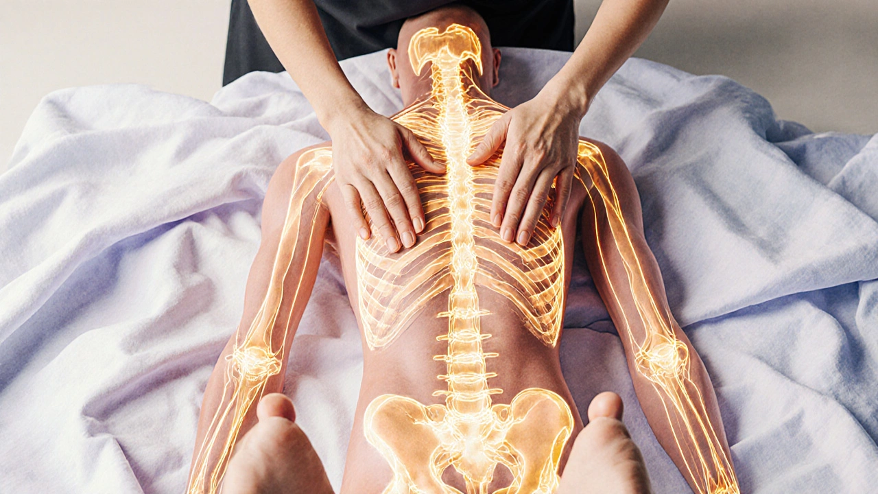 Schéma énergétique du corps avec des lignes dorées illuminées, représentant les sen lines libérées par la pression thérapeutique.