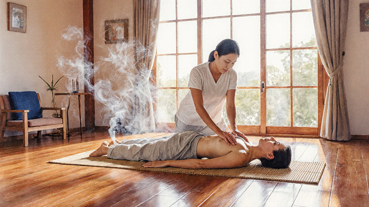 Séance de massage thaï en intérieur calme, client habillé en lin, pratiquant en mouvement doux.