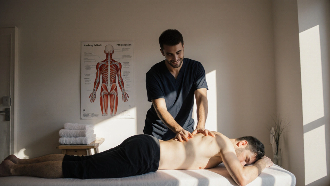 Séance de massage thérapeutique dans un salon minimaliste, avec un praticien utilisant des techniques de libération myofasciale.