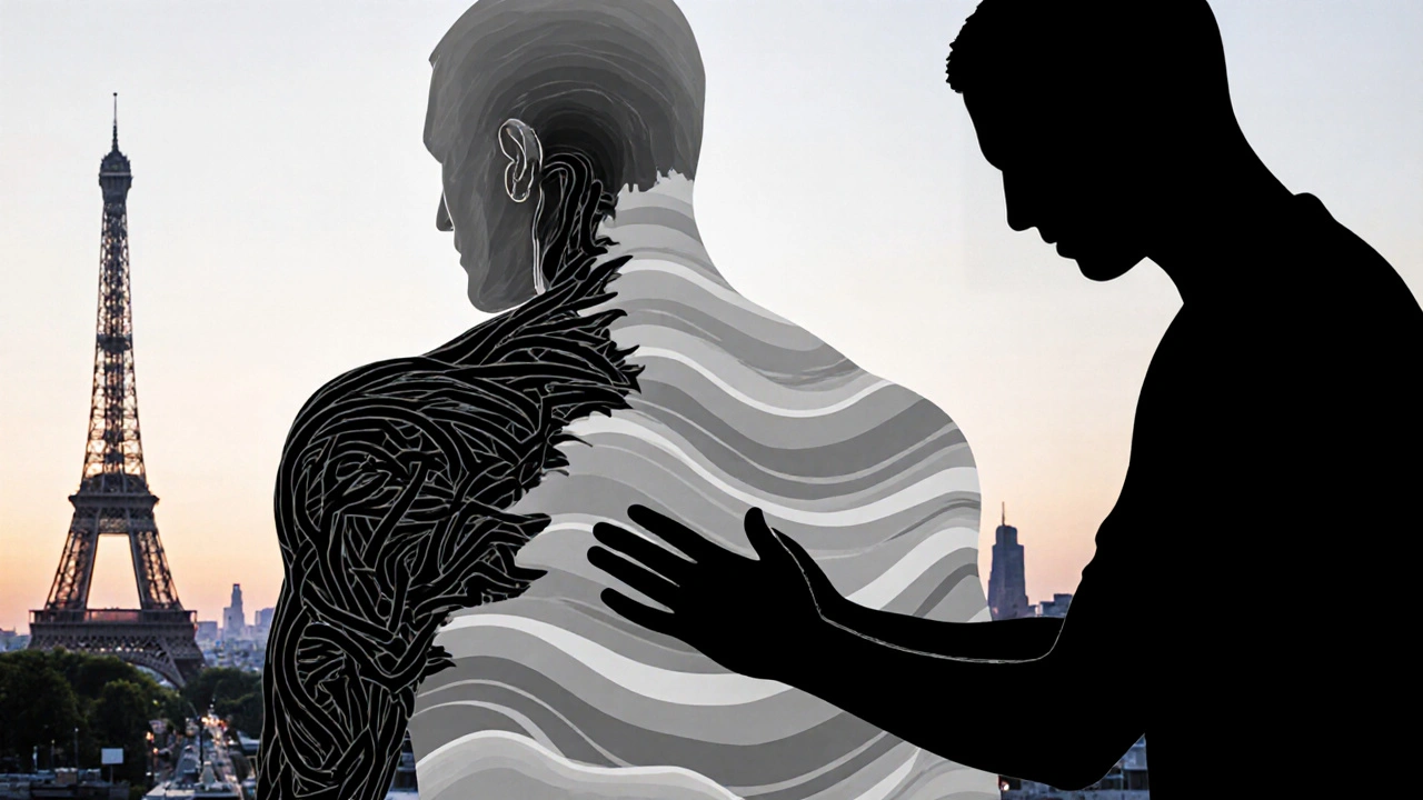 Silhouette d’un homme avec des tensions musculaires qui se transforment en vagues de détente.