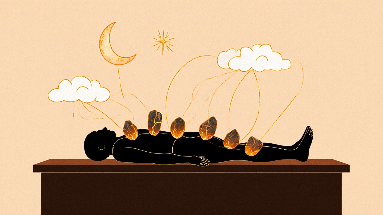 Silhouette humaine avec des pierres chaudes en ligne le long du corps, symbolisant la chaleur et le rééquilibrage énergétique.