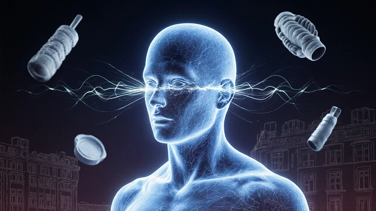 Silhouette humaine avec ondes de vibration et son harmonique traversant les tissus, symbole de guérison.