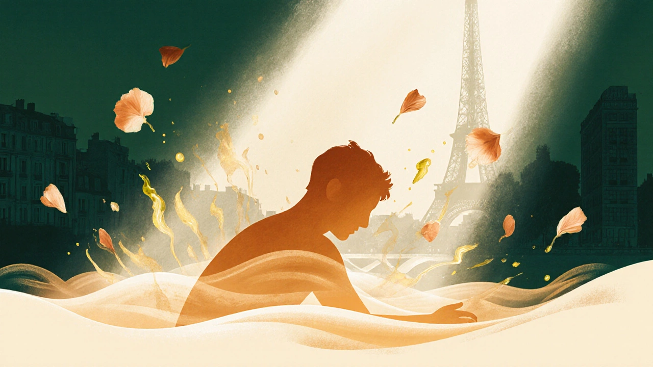 Silhouette humaine qui se transforme en vagues de chaleur et lumière, symbole de détente profonde.