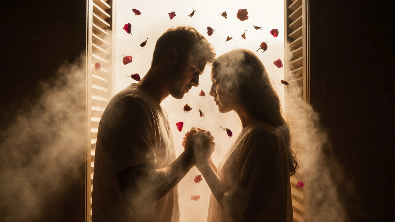 Silhouettes de couple se levant après un massage, entourées de vapeur et de pétales de rose, symbole de reconnexion émotionnelle.