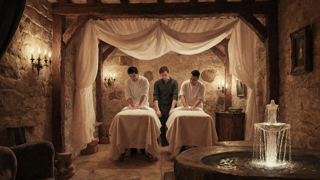 Spa privé à Paris, chambre chaleureuse avec bougies, table de massage double et détails élégants dans un hôtel particulier du 16e.