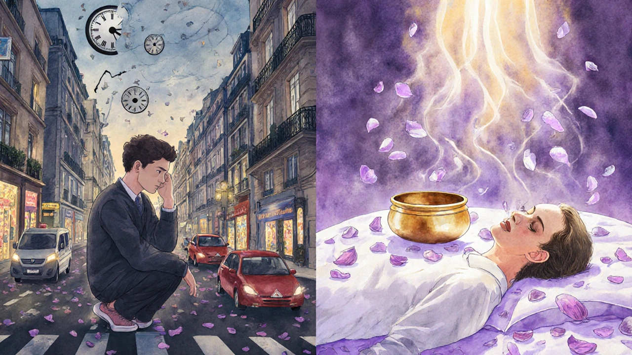 Split image : stress urbain à gauche, paix intérieure avec lavande et bols tibétains à droite, lien lumineux entre les deux.