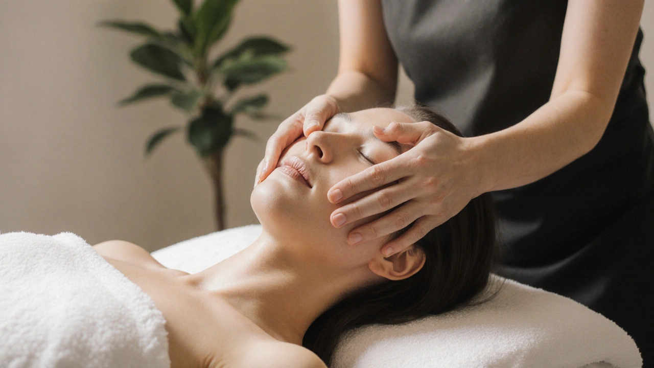 Thérapeute effectuant un drainage lymphatique facial avec des mouvements extrêmement légers.