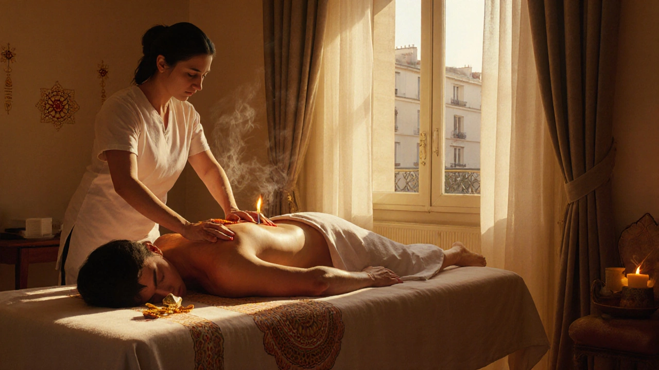 Thérapeute prépare une huile chaude aux épices pour un massage ayurvédique dans un cadre apaisant.