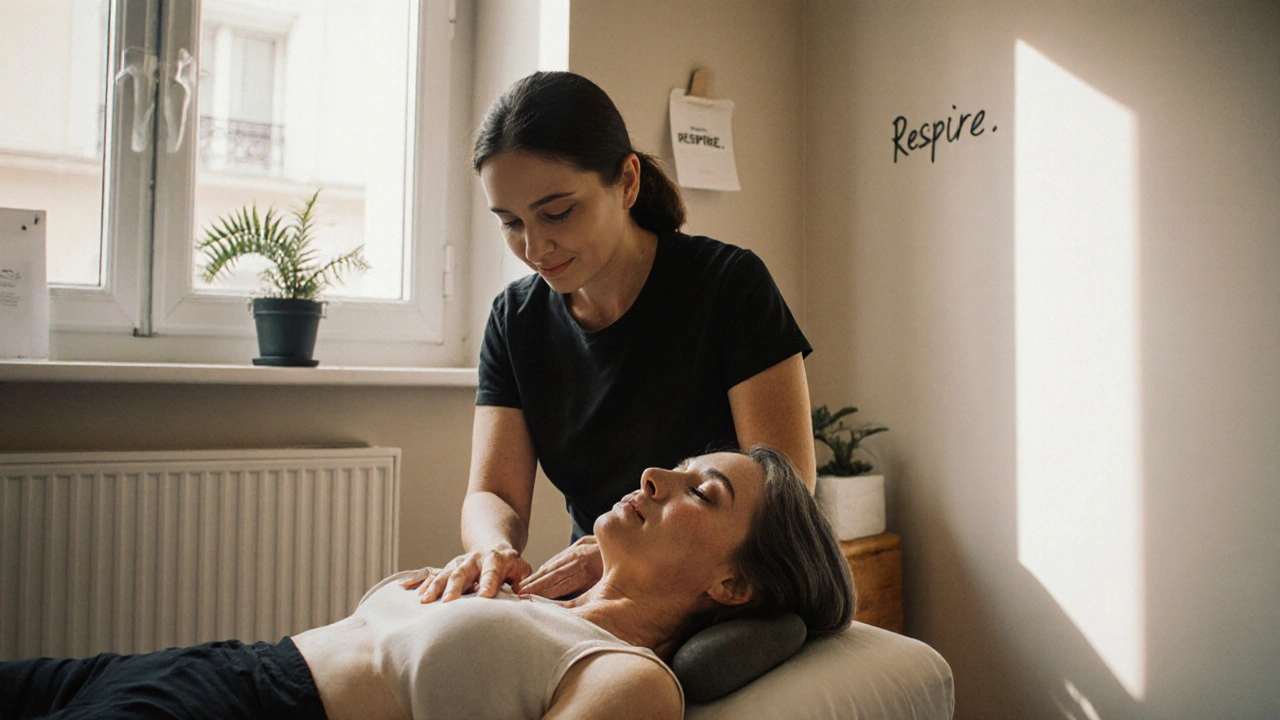 Thérapeute soigne une cliente en rétablissement après chimiothérapie, avec des pierres chaudes sur le dos dans un studio minimaliste.