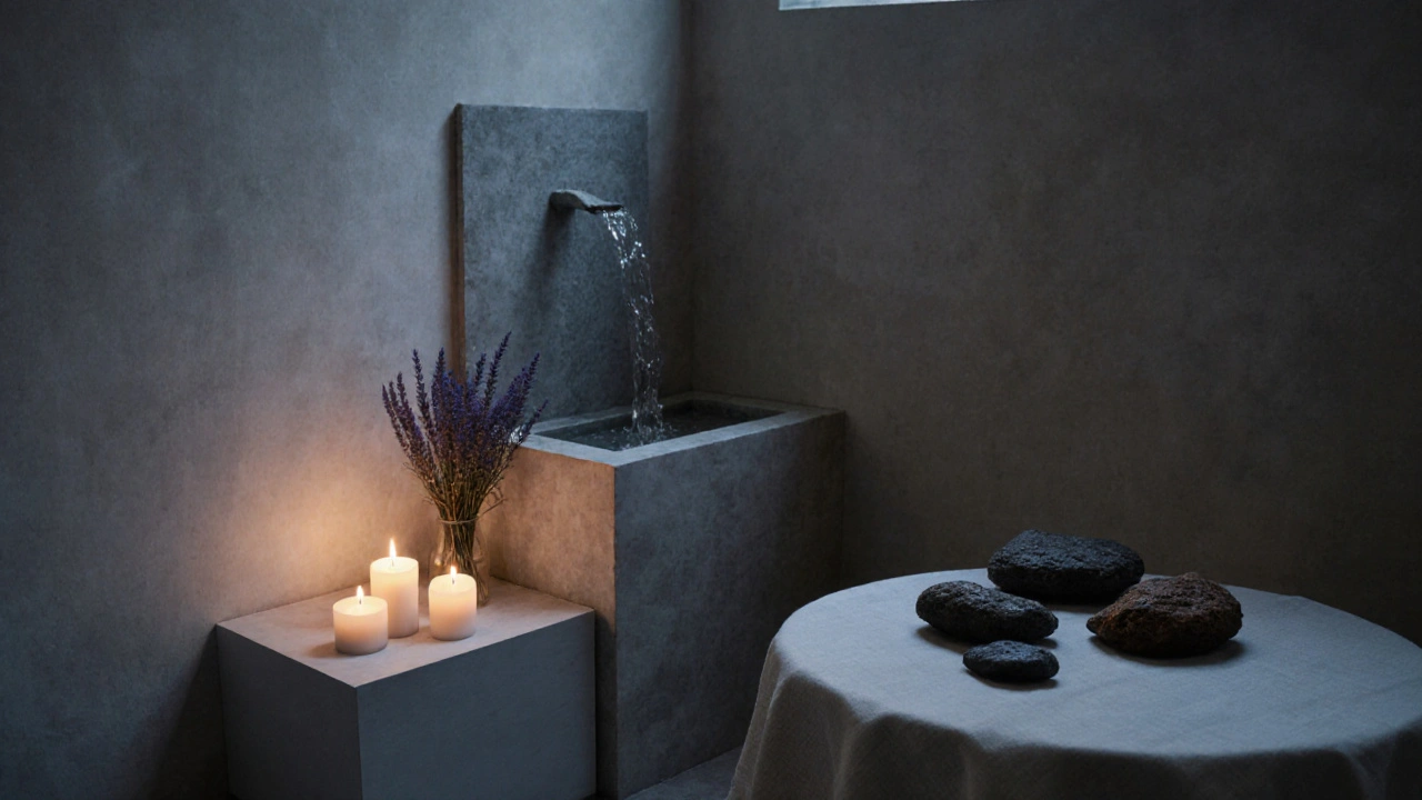 Trois espaces sensoriels silencieux : bougies, eau qui coule et pierres volcaniques, dans un intérieur minimaliste et apaisant.