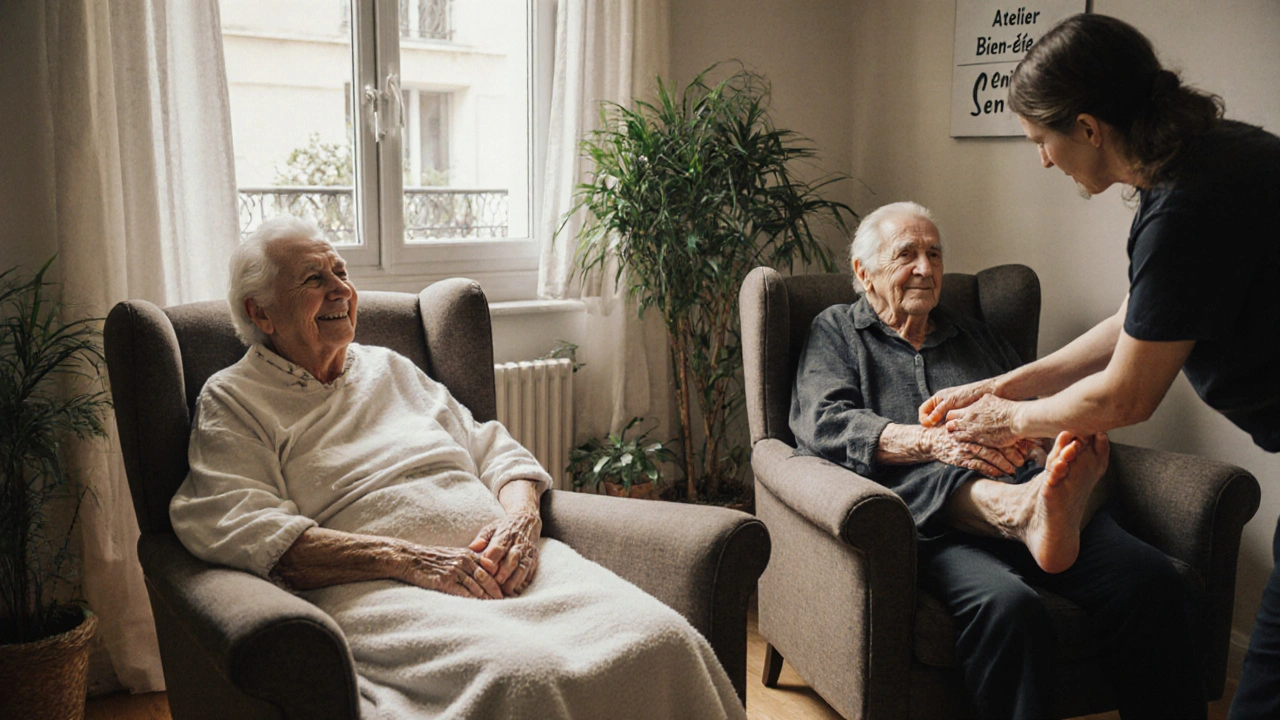 Un couple âgé participe à un atelier de massage bien-être en groupe dans un centre communautaire.