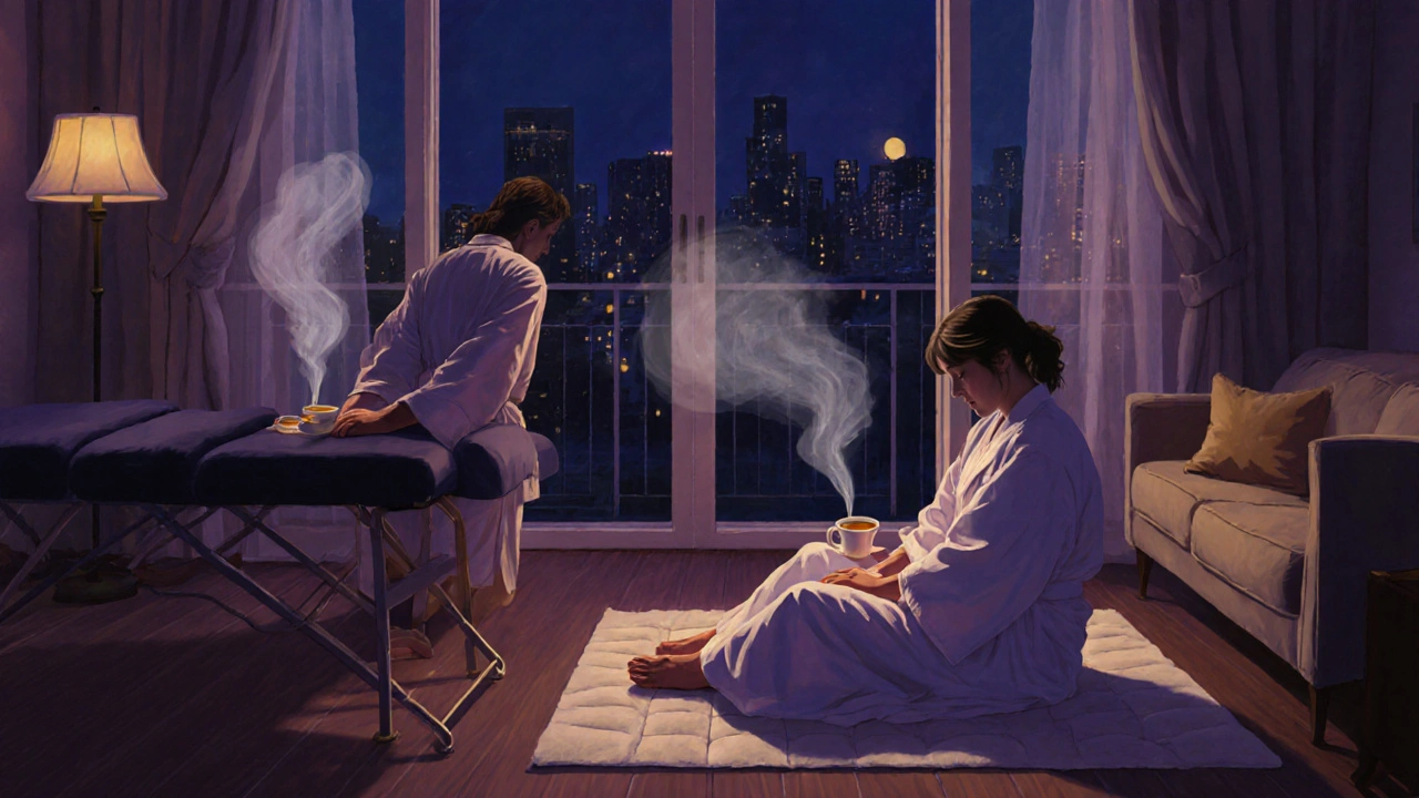 Un couple profite d&#039;un massage côte à côte dans leur salon, dans un moment de détente partagée et apaisante.