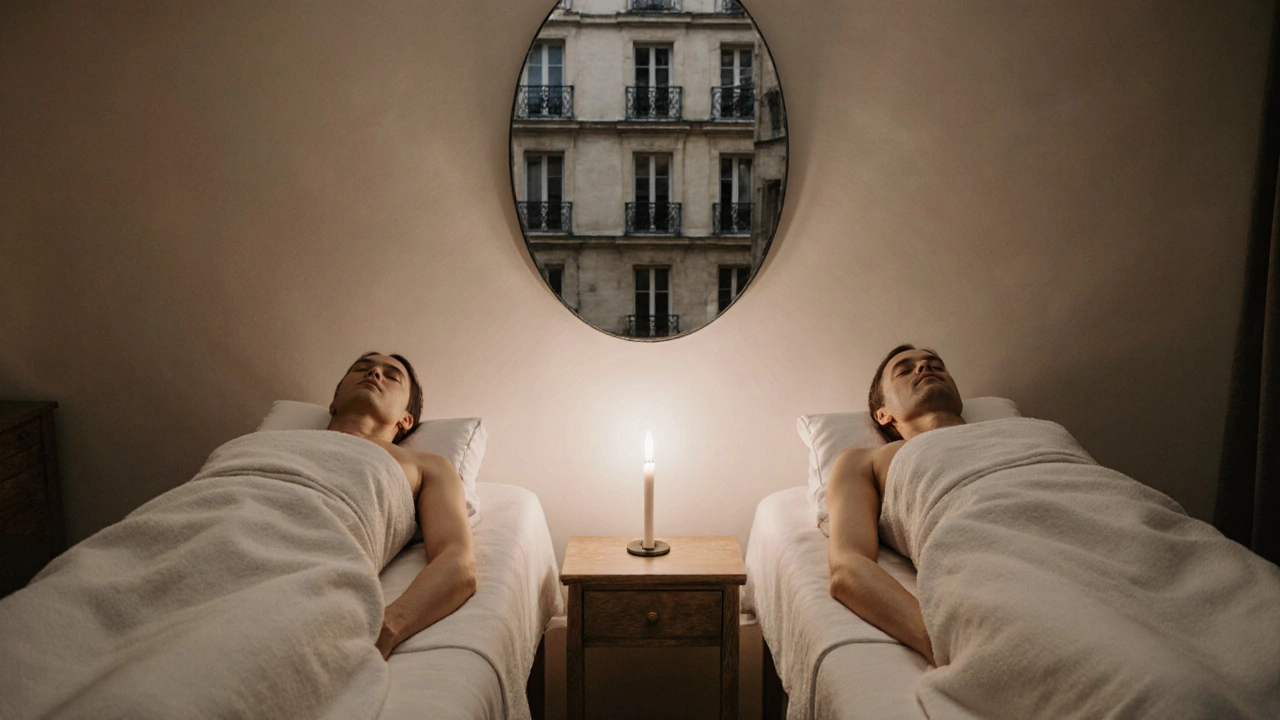 Un couple profite d’un massage en duo à domicile, dans une ambiance apaisante et connectée, sans aucun objet numérique.